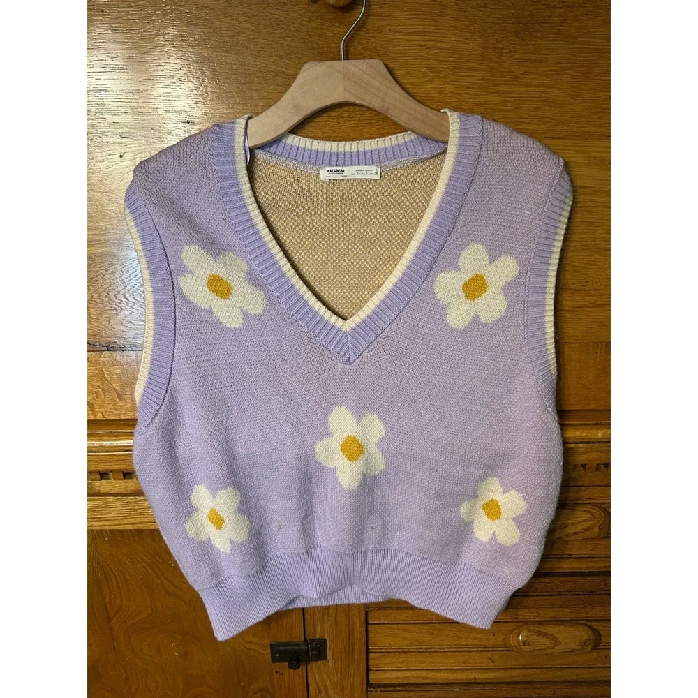 Pull&Bear Y2K Soft Indie Whimsy Lavender Daisy Floral Knit V-Neck Sweater Vest